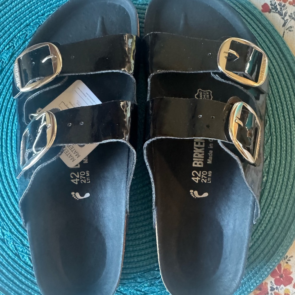 Birkenstock Arizona Black Patent Leather Sandals with Big Silver Buckles size 42